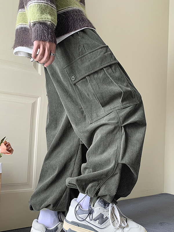 Men's Corduroy Big Pocket Bound Feet Drawstring Cargo Pants-2