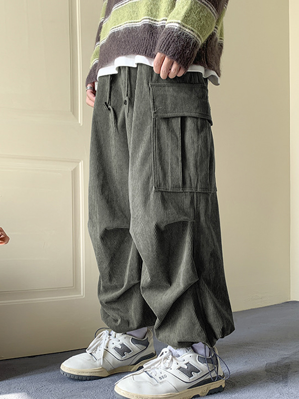 Men's Corduroy Big Pocket Bound Feet Drawstring Cargo Pants-1