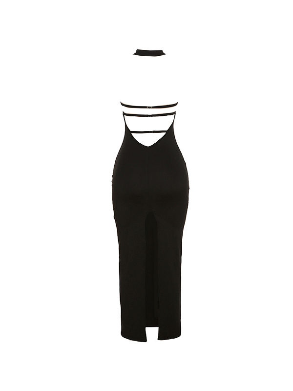 Backless Halter Thigh Split Maxi Dress-5