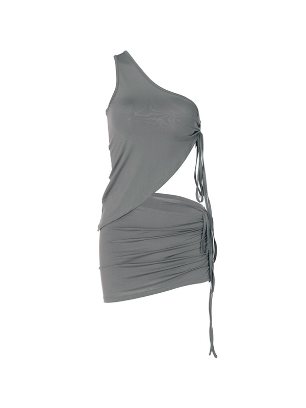 Solid One Shoulder Ruched Drawstring Tank Top&Mini Skirt Set-5