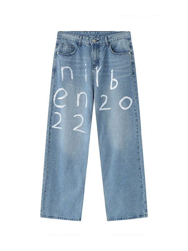 Men's Letter Printed Loose Jeans-6