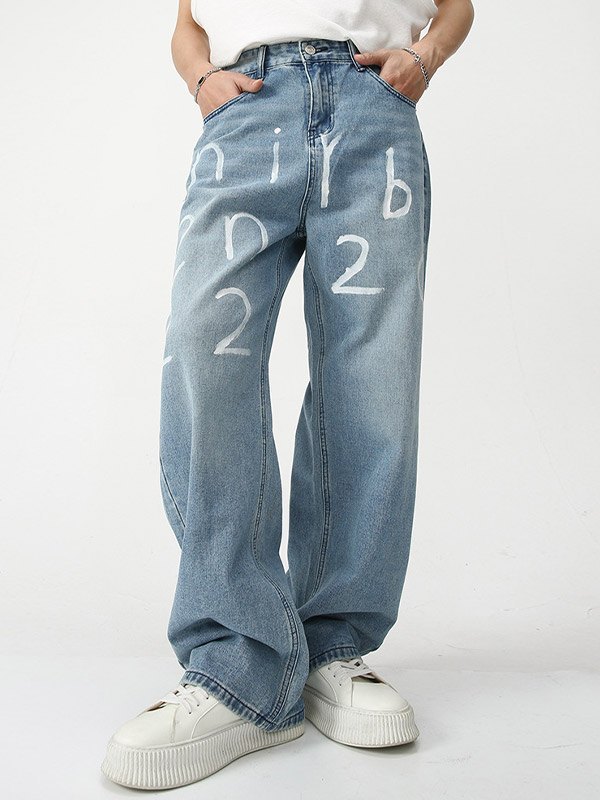 Men's Letter Printed Loose Jeans-2