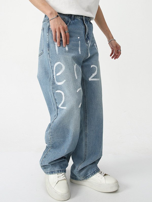 Men's Letter Printed Loose Jeans-1