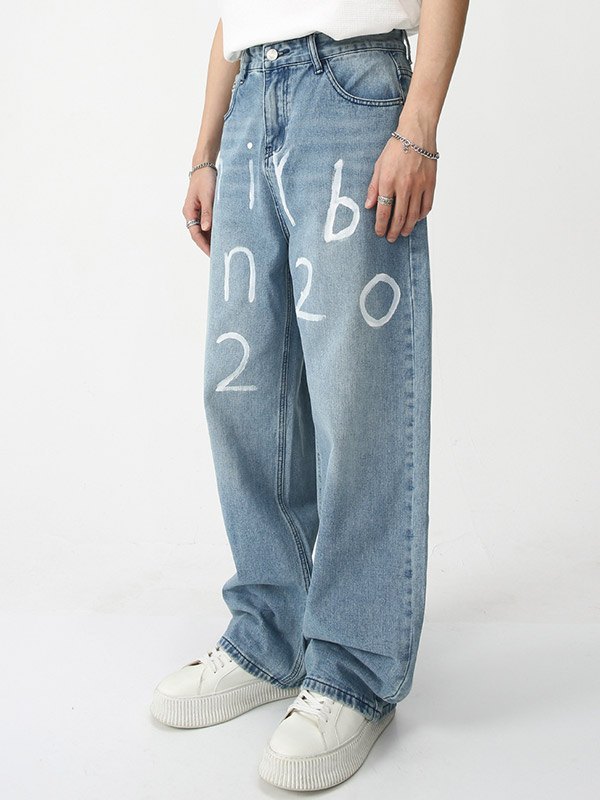Men's Letter Printed Loose Jeans-4