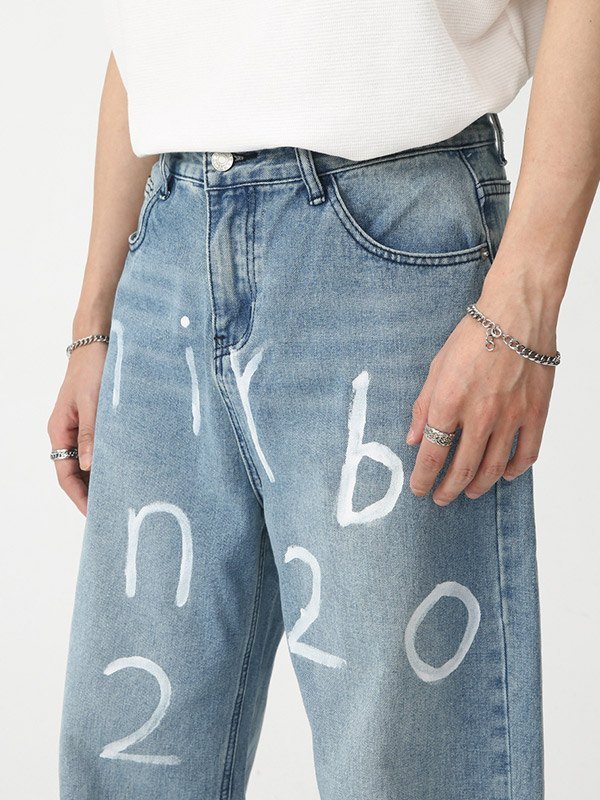 Men's Letter Printed Loose Jeans-3