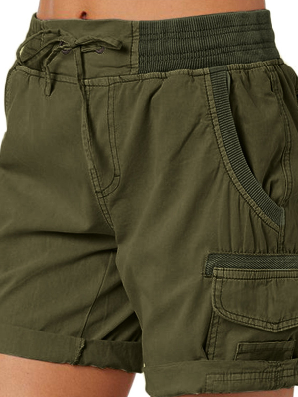 Solid Elastic Waist Multi Pocket Drawstring Shorts-1