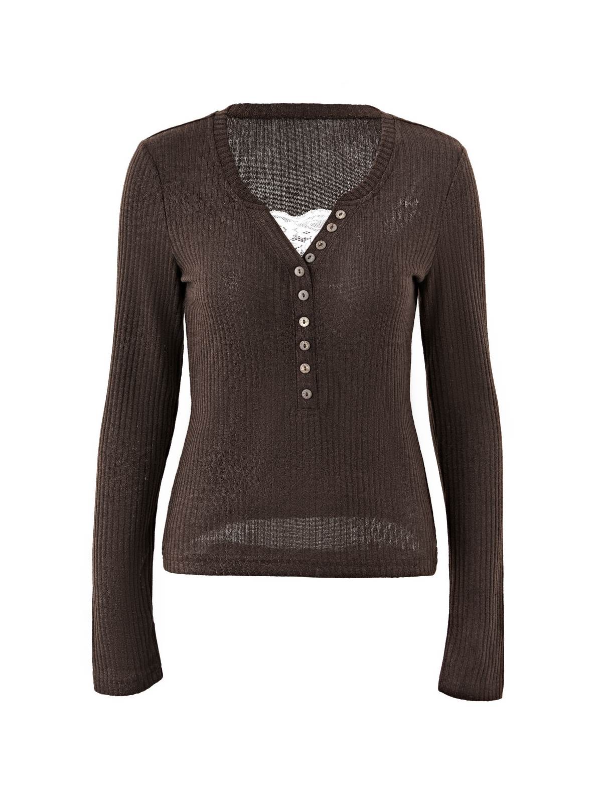 Lace Paneled Button Long Sleeve Knit Top-3