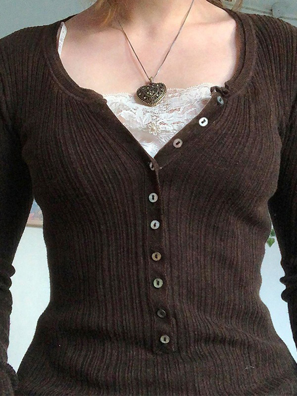 Lace Paneled Button Long Sleeve Knit Top-2