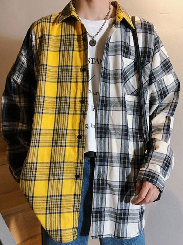 Men's Color Block Checkered Long Sleeve Shirt-4