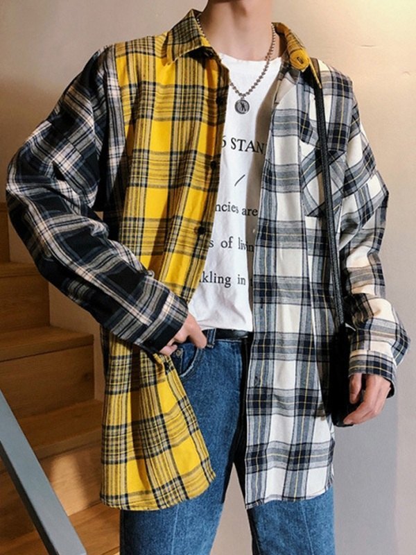 Men's Color Block Checkered Long Sleeve Shirt-1