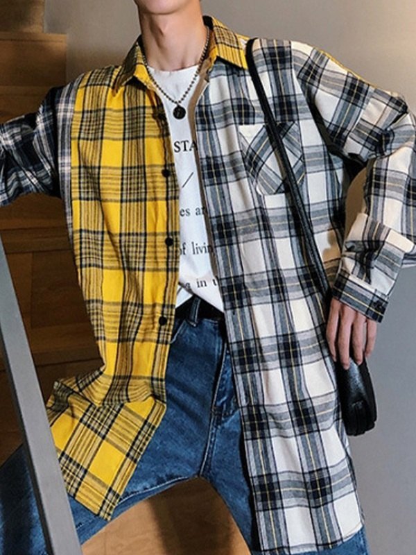Men's Color Block Checkered Long Sleeve Shirt-3
