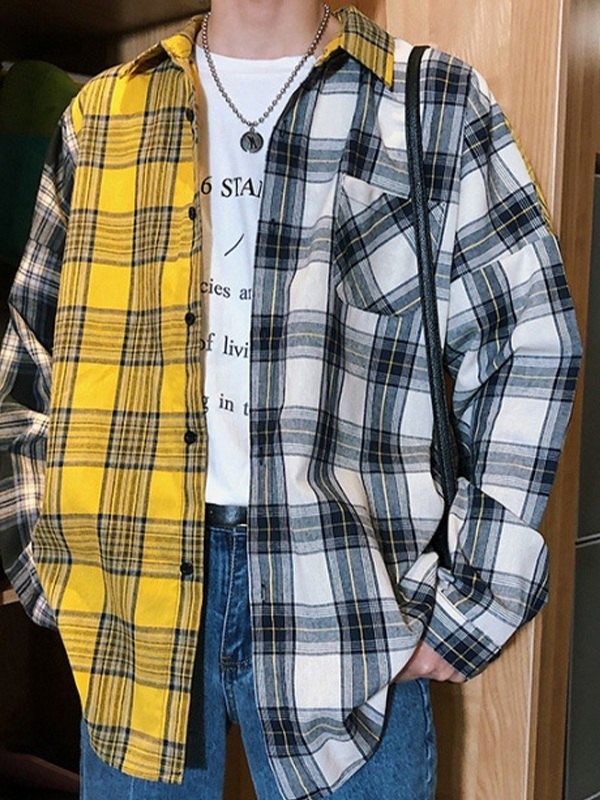 Men's Color Block Checkered Long Sleeve Shirt-2