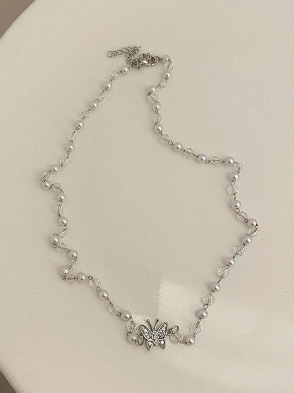 Rhinestone Butterfly Faux Pearl Necklace-2