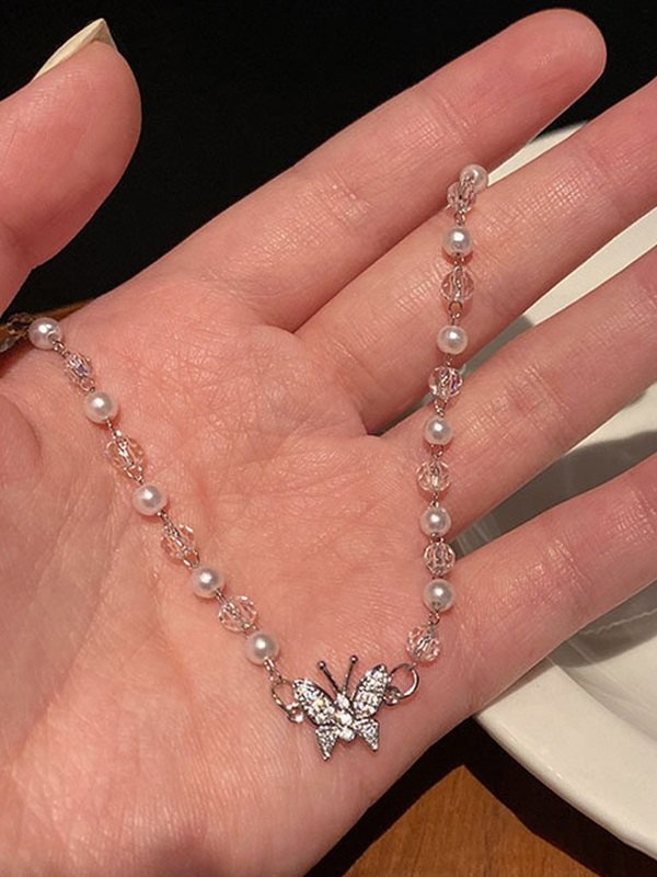Rhinestone Butterfly Faux Pearl Necklace-3
