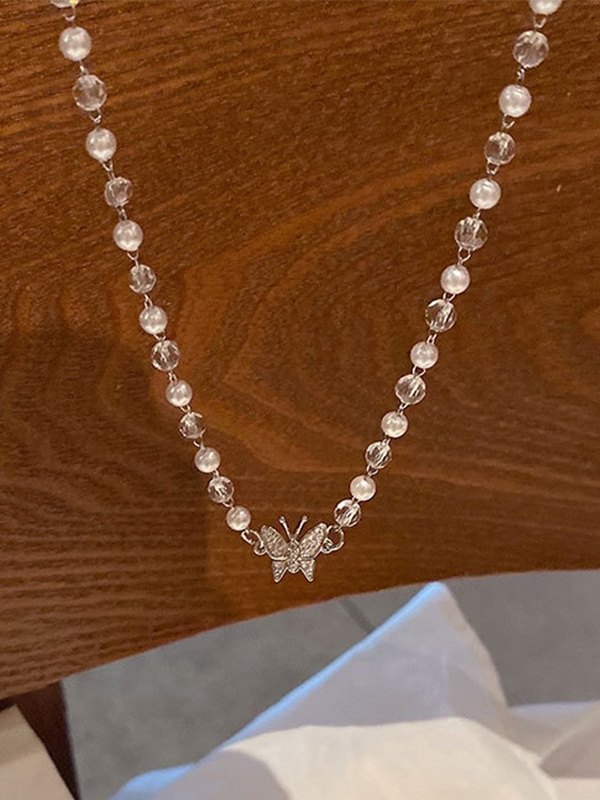 Rhinestone Butterfly Faux Pearl Necklace-4