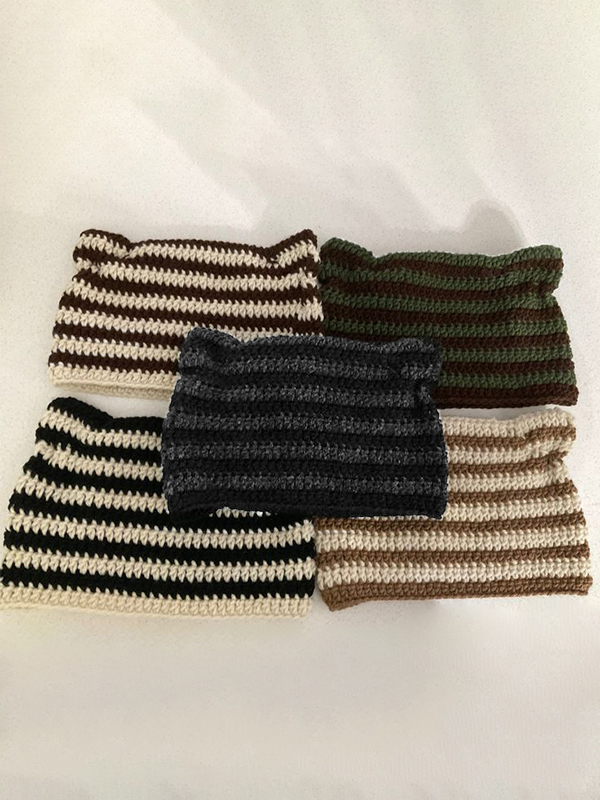 Hand Made Horn Detail Striped Knitted Beanie Hat-1