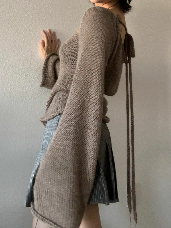 Solid Color Backless Lace Up Long Sleeve Knit-1