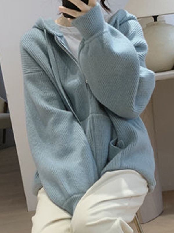 Solid Hooded Zip Up Knit Cardigan-3
